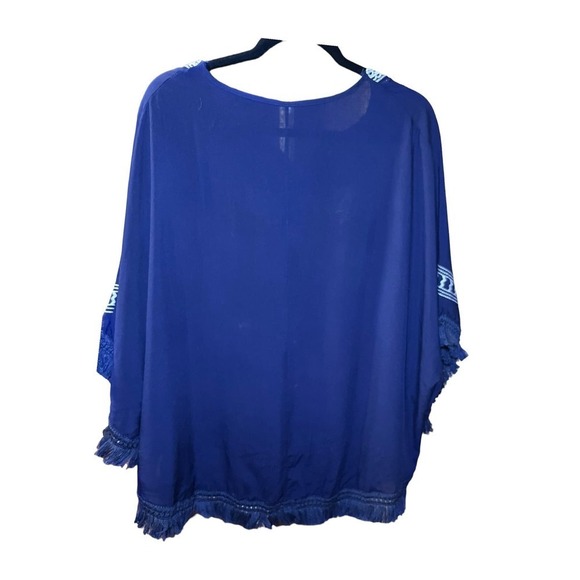 Ladies Blue Poncho with Embroidery and Tassled Edges, OS Pre-Owned - Picture 2 of 4